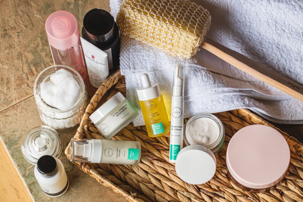 Bathroom skincare products on shelf
